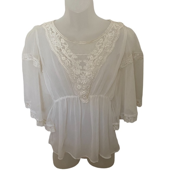 Free PEOPLE Off-White Sheer Boho Lace Blouse Women SP Small Petite - Picture 2 of 6